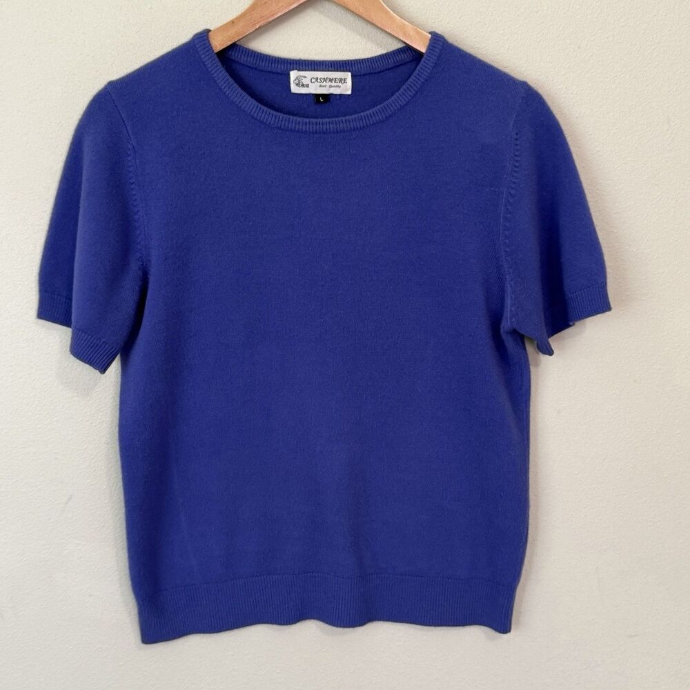 Vintage 100% Cashmere Short Sleeve Sweater Womens L Violet Blue Purple Knit